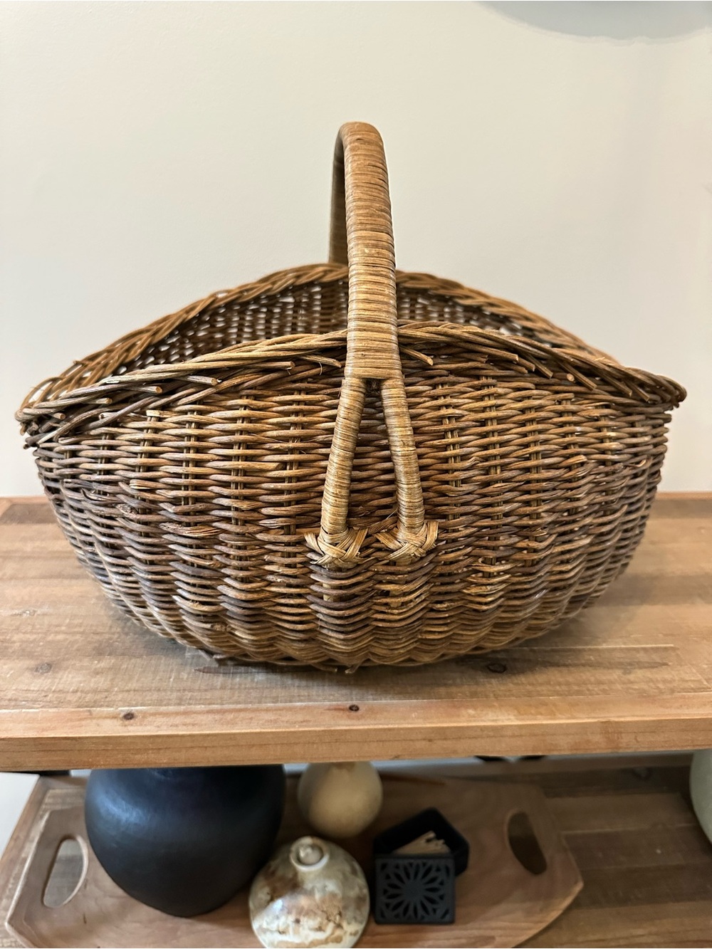 Large Vintage French-Style Woven Wicker Market & Gathering Basket Home Storage